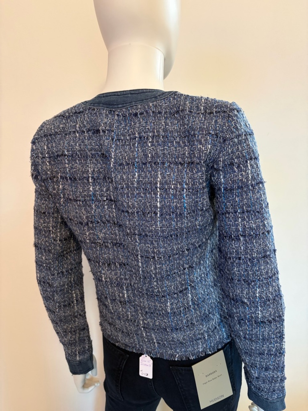 #645 ecru Mixed Media Textured Blue Tweed Collarless Jacket with denim trim - Picture 10 of 12